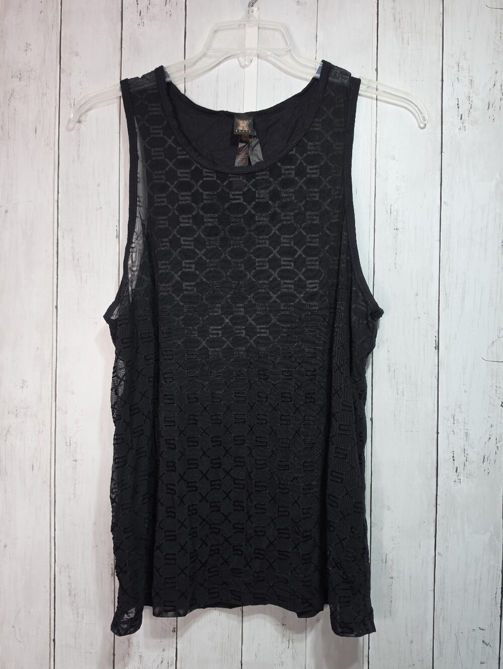 Savage x Fenty Black Top Logo Round Neck Sheer Front Tank Top Size Large.